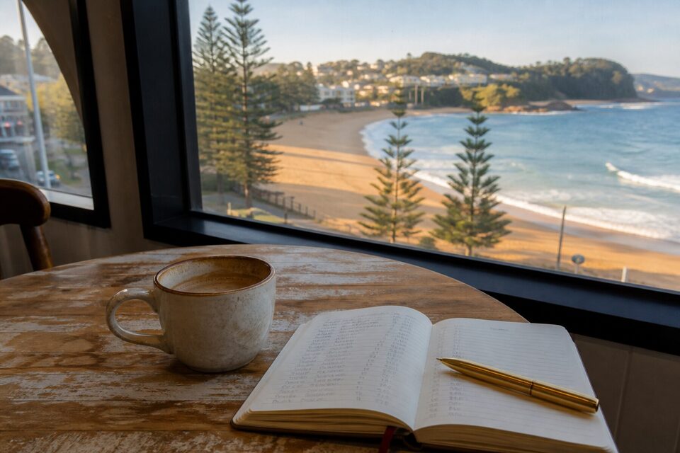 Notebook, coffee and a gold pen on a cafe table overlooking Terrigal Beach