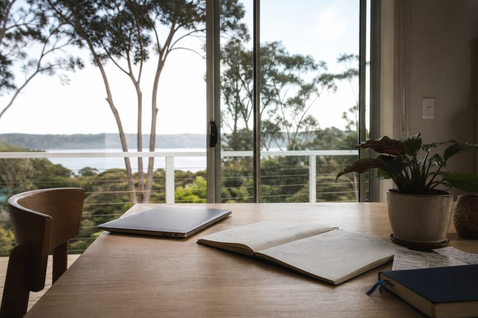Quiet Central Coast desk with a ledger, receipts and a view of the bay