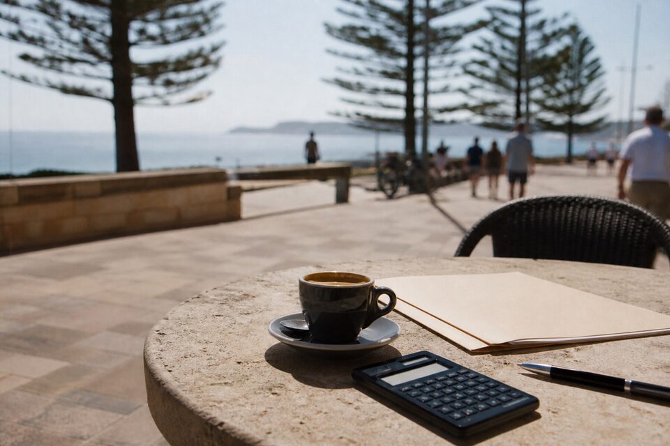 Calculator, folder and espresso at an outdoor table on a Central Coast promenade