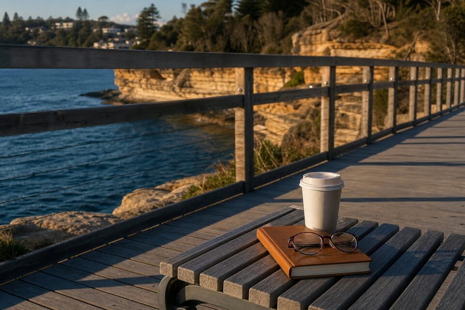 Leather notebook and coffee on a bench along a Central Coast boardwalk