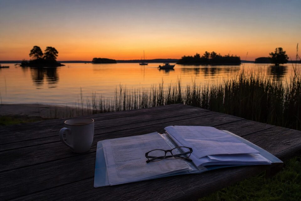 Paperwork and a mug on a picnic table at dusk on Tuggerah Lake